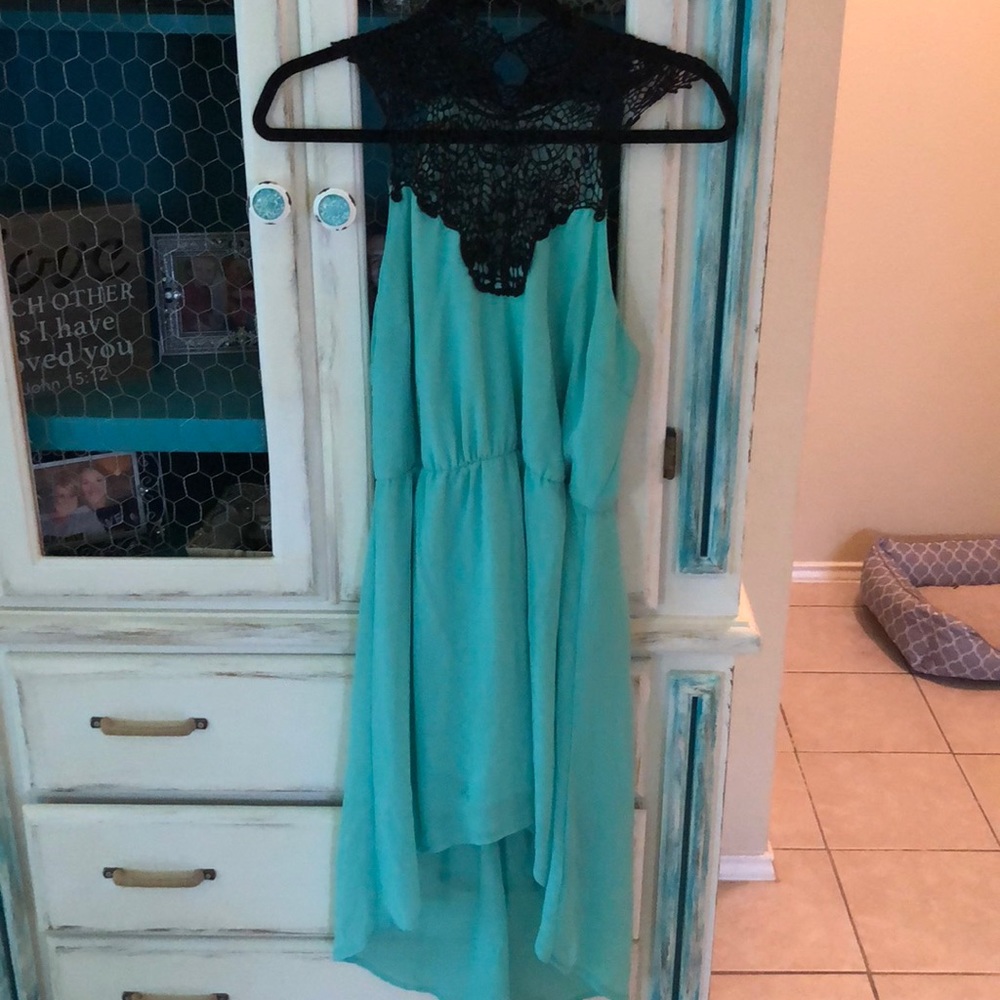 Hi low lace neck dress